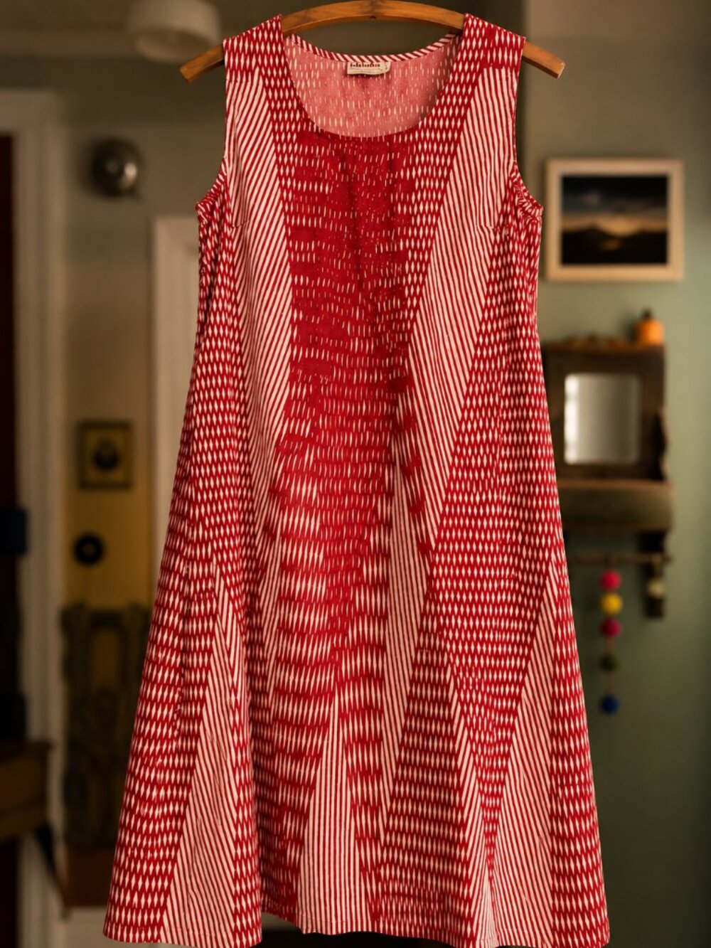 FabIndia Red & Ivory Hand Block Print Cotton Sleeveless Shift Dress Size M